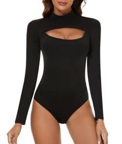 CARCOS Langarmbody Bodysuit Damen Stringbody Bodysuit Tops Sexy Cut Elegant Body Damen Langarm Stehkragen Schwarz 2XL von CARCOS