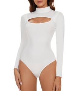 CARCOS Langarmbody Bodysuit Damen Stringbody Bodysuit Tops Sexy Cut Elegant Body Damen Langarm Stehkragen Weiß 2XL von CARCOS