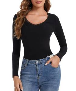 CARCOS Langarmshirts für Damen Langarm, Spitze V-Ausschnitt Basic-Langarmshirt, lässige Oberteile, schmale Basic-Shirts Schwarz XL von CARCOS