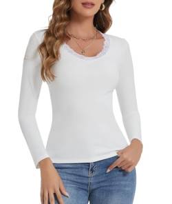 CARCOS Langarmshirts für Damen Langarm, Spitze V-Ausschnitt Basic-Langarmshirt, lässige Oberteile, schmale Basic-Shirts Weiß L von CARCOS