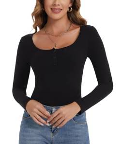 CARCOS Langarmshirts für Damen Langarm Langarm-Unterhemd Mit Rundhalsausschnitt und 5 Knöpfen auf der Brust Schwarz 2XL von CARCOS