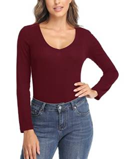 CARCOS Langarmshirts für Damen Langarm-T-Shirt, V-Ausschnitt Basic-Langarmshirt, lässige Oberteile, Tee, schmale Basic-Shirts Rotwein,V-Ausschnitt L von CARCOS