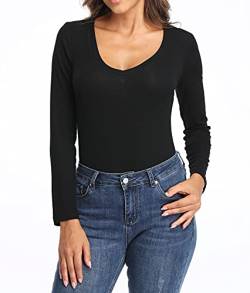 CARCOS Langarmshirts für Damen Langarm-T-Shirt, V-Ausschnitt Basic-Langarmshirt, lässige Oberteile, Tee, schmale Basic-Shirts Schwarz,V-Ausschnitt L von CARCOS