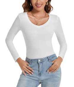 CARCOS Langarmshirts für Damen Langarm-T-Shirt, V-Ausschnitt Basic-Langarmshirt, lässige Oberteile, Tee, schmale Basic-Shirts Weiß,V-Ausschnitt 2XL von CARCOS