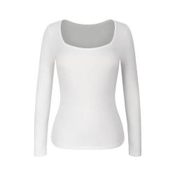 CARCOS Oberteile mit quadratischem Ausschnitt für Damen, Enge Langarmshirts, lässige Tops, T-Shirts, schmale Basic-Shirts Weiß,Eckiger Ausschnitt M von CARCOS