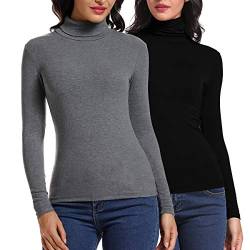 Carcos Damen 2er Pack Rollkragen Langarm Shirt, Basic Rolli Oberteil Hoher Kragen Slim Fit T-Shirt Top für Herbst Winter,Grau, Schwarz,L von CARCOS