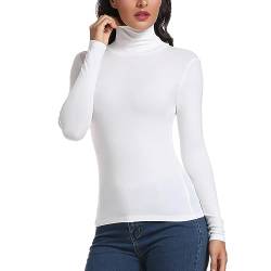 Carcos Damen Rollkragen Langarm Shirt, Basic Rolli Oberteil Hoher Kragen Slim Fit T-Shirt Top für Herbst Winter,Weiß,XL von CARCOS