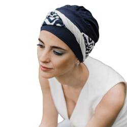 CAREBELL Confort Zig Zag Blue Turban-Mütze aus Bambus, für Chemotherapie oder Alopezie, marineblau, One size von CAREBELL