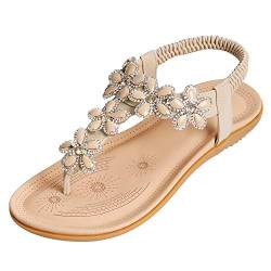 CARETOO Damen Sandalen Sommer Flip Flops PU Leder Böhmische Stil Flach Zehentrenner, Beige, 36 EU (Herstellergröße: 37) von CARETOO