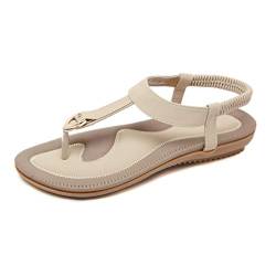 CARETOO Damen Sandalen Sommer Flip Flops PU Leder Böhmische Stil Flach Zehentrenner Beige, 42 EU von CARETOO