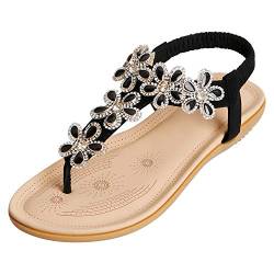 CARETOO Damen Sandalen Sommer Flip Flops PU Leder Böhmische Stil Flach Zehentrenner - Schwarz - 40 EU von CARETOO