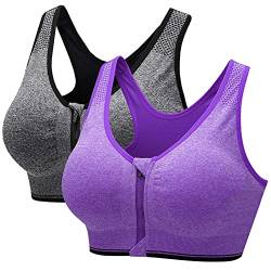 CARETOO Damen Sport BH Stark Halt Active Bra Höhe Beanspruchung Trainieren Bustier Fuer Yoga Fitness - Mit Reißverschluss Grau + Lila, XXL von CARETOO