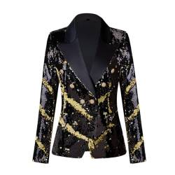 CARFFIV Damen Mode Zweireihige Bankett Party Urlaub Pailletten Langarm Jacken,Black+Gold,M von CARFFIV