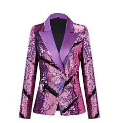 CARFFIV Damen Mode Zweireihige Bankett Party Urlaub Pailletten Langarm Jacken,Purple+Black,M von CARFFIV