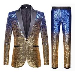 CARFFIV Herren Mode Farbverlauf Farben Pailletten Zweiteiliges Set Anzüge (3XL, Blue Gold) von CARFFIV