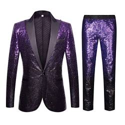 CARFFIV Herren Mode Farbverlauf Farben Pailletten Zweiteiliges Set Anzüge (3XL, Purple Black) von CARFFIV