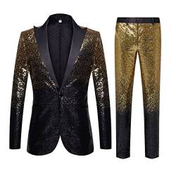 CARFFIV Herren Mode Farbverlauf Farben Pailletten Zweiteiliges Set Anzüge (M, Gold Black) von CARFFIV