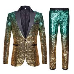 CARFFIV Herren Mode Farbverlauf Farben Pailletten Zweiteiliges Set Anzüge (XXL, Green Gold) von CARFFIV