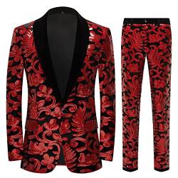 CARFFIV Herren Modische Blumenmuster Pailletten Zweiteiler Set Anzüge,Red,XL von CARFFIV