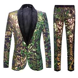 CARFFIV Herren Modische Blumenmuster Pailletten Zweiteiler Set Anzüge (3XL, Map Green) von CARFFIV