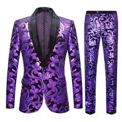 CARFFIV Herren Modische Blumenmuster Pailletten Zweiteiler Set Anzüge (3XL, Purple) von CARFFIV