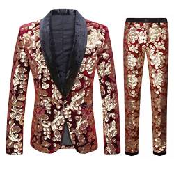 CARFFIV Herren Modische Blumenmuster Pailletten Zweiteiler Set Anzüge (3XL, Red Wine) von CARFFIV