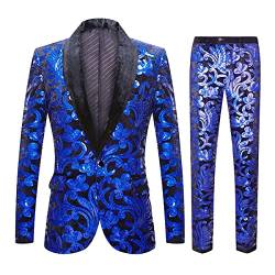 CARFFIV Herren Modische Blumenmuster Pailletten Zweiteiler Set Anzüge (XL, Royal Blue) von CARFFIV