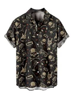 CARNOBA Herrenhemd mit 3D-Druck Retro Rose Totenkopf Kurzarm Revershemden Sommer Regular Button Strandhemd Lässige Hawaii-Oberteile von CARNOBA