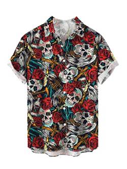 CARNOBA Herrenhemd mit 3D-Druck Retro Rose Totenkopf Kurzarm Revershemden Sommer Regular Button Strandhemd Lässige Hawaii-Oberteile von CARNOBA