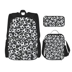 CARRDKDK Mathematikformel bedruckter Rucksack, 3-teiliges Set, Schultaschen, Büchertasche mit Lunchbox und Federmäppchen, Set für Jungen und Mädchen, Haufen von Fußbällen, Einheitsgröße von CARRDKDK