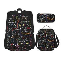 CARRDKDK Mathematikformel bedruckter Rucksack, 3-teiliges Set, Schultaschen, Büchertasche mit Lunchbox und Federmäppchen, Set für Jungen und Mädchen, Mathematikformel, Einheitsgröße von CARRDKDK
