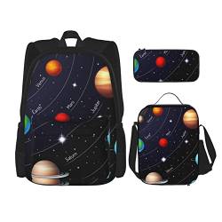 CARRDKDK Outer Space Sonnensystem Bedruckter Rucksack 3-teiliges Set Schultaschen Büchertasche mit Lunchbox und Federmäppchen Set für Jungen Mädchen, Außenraum-Solarsystem., Einheitsgröße von CARRDKDK