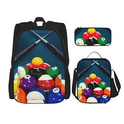 CARRDKDK Outer Space Sonnensystem Bedruckter Rucksack 3-teiliges Set Schultaschen Büchertasche mit Lunchbox und Federmäppchen Set für Jungen Mädchen, Billard, Einheitsgröße von CARRDKDK