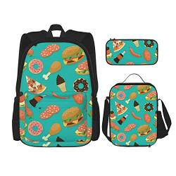 CARRDKDK Rucksack mit Farbverlauf, Blau, Denim-Druck, 3-teiliges Set, Schultaschen, Büchertasche mit Lunchbox und Federmäppchen, Set für Jungen und Mädchen, Hamburger Donut Cola, Einheitsgröße von CARRDKDK