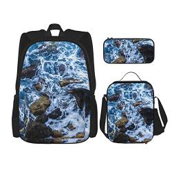 CARRDKDK Sea Stones Bedruckter Rucksack, 3-teiliges Set, Schultaschen, Büchertasche mit Lunchbox und Federmäppchen, Set für Jungen und Mädchen, Meeressteine, Einheitsgröße von CARRDKDK