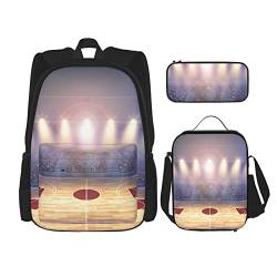 CARRDKDK Venice Night Bedruckter Rucksack, 3-teiliges Set, Schultaschen, Büchertasche mit Lunchbox und Federmäppchen, Set für Jungen und Mädchen, Basketball Arena, Einheitsgröße von CARRDKDK