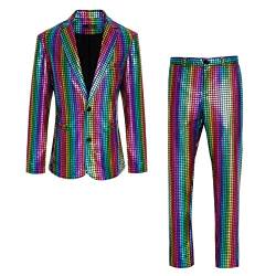 CARUHIF Herren Metallic Pailletten Slim Anzug Zweiteiliges Set 70er Jahre Disco Abschlussball Outfit (2XL,Z2707) von CARUHIF