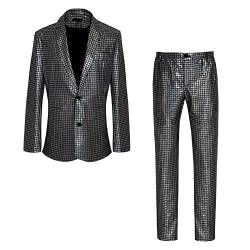 CARUHIF Herren Metallic Pailletten Slim Anzug Zweiteiliges Set 70er Jahre Disco Abschlussball Outfit (XL,2706BK von CARUHIF