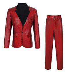 CARUHIF Herren Metallic Pailletten Slim Anzug Zweiteiliges Set 70er Jahre Disco Abschlussball Outfit (Z2981RD,4XL) von CARUHIF