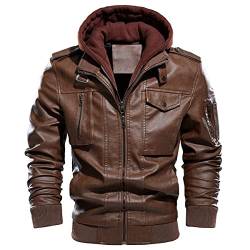 CARWORNIC Herren Lederjacke Winterjacke Motorradjacke Für Herren Schwarz Braun Warme Kunstlederjacke Bikerjacke mit Abnehmbarer Kapuze von CARWORNIC