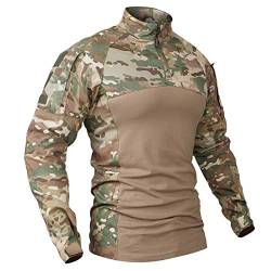 CARWORNIC Taktisches Militär-T-Shirt für Herren, langärmelig, schmale Passform, Camouflage-T-Shirt mit Reißverschluss - Beige - Klein von CARWORNIC