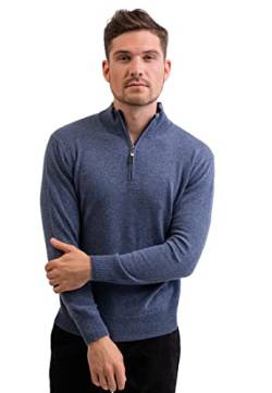 CASH-MERE.CH 100% Kaschmir Herren Stehkragen Pullover | Sweater mit Reißverschluss 2-fädig (Blau/Jeans, XXL) von CASH-MERE.CH