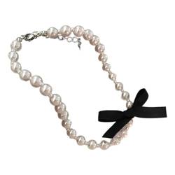 CASNO Halsketten, Perlen Halskette mit Seidenband Bowknot raffinierter Schleife Anhänger Halsband Kette für Frauen handgefertigtes Accessoire, Kunstperlen von CASNO