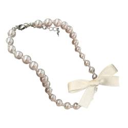 CASNO Halsketten, Perlen Halskette mit Seidenband Bowknot raffinierter Schleife Anhänger Halsband Kette für Frauen handgefertigtes Accessoire, Kunstperlen von CASNO