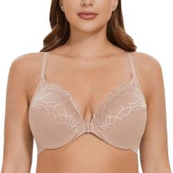 CASOLACE Damen Vorderverschluss Lace Mit Bügel Große Größen Unwattierter Racerback BH Beige 75C von CASOLACE