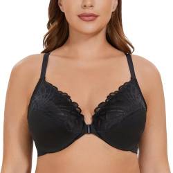 CASOLACE Damen Vorderverschluss Lace Mit Bügel Große Größen Unwattierter Racerback BH Schwarz 100C von CASOLACE