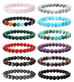 CASSICEA 12PCS 8MM Natural Beaded Armbänder für Frauen Männer Natural Crystal Armbänder Sets 7 Chakra Armbänder Amethyst Tiger Eye Rosenquarz Armbänder Geburtstag Mütter Tag Geschenke von CASSIECA