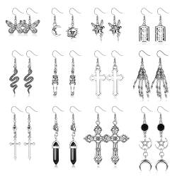 CASSIECA 12 Paare Halloween Schmuck Gothic Ohrringe für Damen Punk Vintage Grunge Ohrringe für Damen Retro Silber Kreuz Skelett Schwert Sonne Mond Fledermaus Ohrringe Goth Ohrhänger Set von CASSIECA