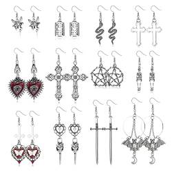 CASSIECA 12 Paare Halloween Schmuck für Damen Gothic Ohrringe Punk Vintage Grunge Ohrringe Retro Silber Kreuz Skelett Schwert Sonne Mond Fledermaus Ohrringe Goth Ohrhänger Set von CASSIECA