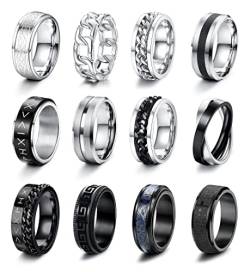 CASSIECA 12 Stück Herren Ring Fidget Spinner Anti Angst Ringe Band Ketten Ringe Silber Schwarze Ehering Verlobungsringe Zappel Ring Geburtstag Geschenke für Herren Größe 65 von CASSIECA